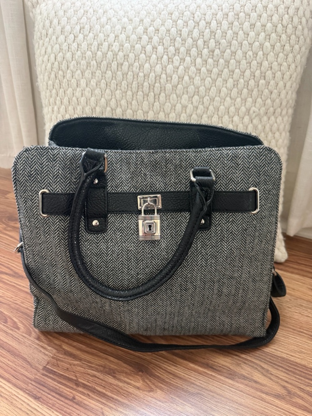 Herringbone Satchel Tote with Lock Accent - Black & Gray